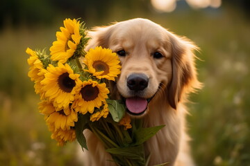 Smiling retriever dog holding bouquet of orange sunflowers at nature. Valentine’s day or Mother’s day concept