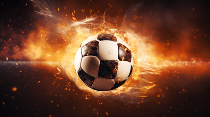 Fototapeta premium The soccer ball floated in the air and was surrounded by fire.