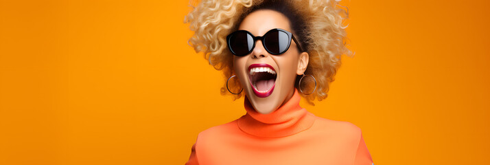 Woman in colorful background Super excited for Cyber Monday 