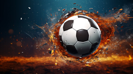 The soccer ball floated in the air and was surrounded by fire.