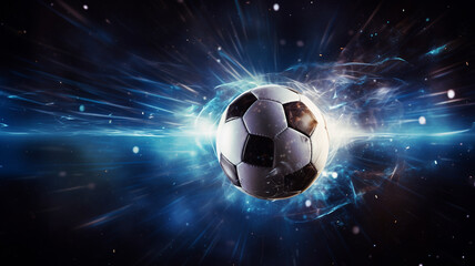 The soccer ball floated in the air and was surrounded by fire.