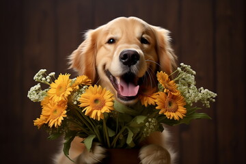 Smiling retriever dog holding bouquet of orange flowers on brown wooden background.. Valentine’s day or Mother’s day concept