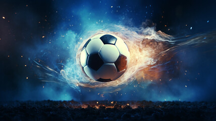 The soccer ball floated in the air and was surrounded by fire.