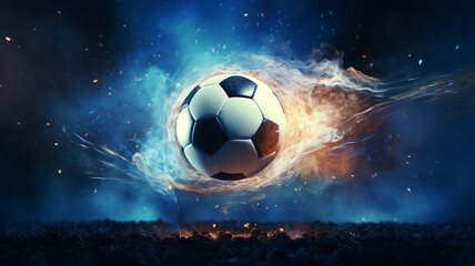 Naklejka premium The soccer ball floated in the air and was surrounded by fire.