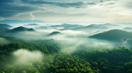 Rainforest or jungle aerial view. Top view of a green forest with mist, for earth day concept