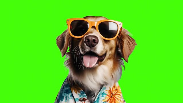 Funny dog wearing glasses and dressed for summer on green screen background