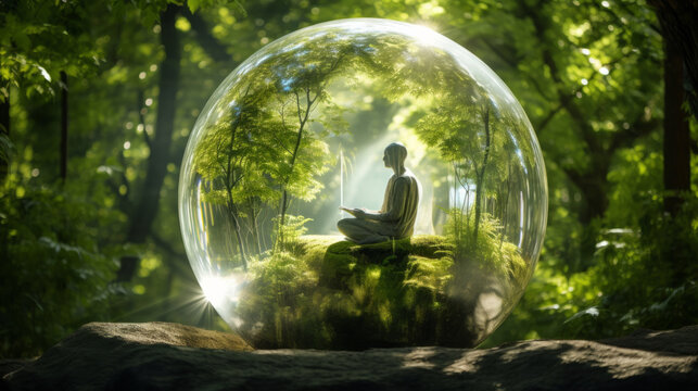 Meditation in a glass ball or sphere of consciousness in nature. Mental health concept