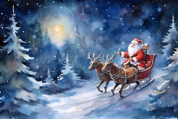 Christmas Santa Claus on a sleigh pulled by a reindeer background wallpaper - obrazy, fototapety, plakaty
