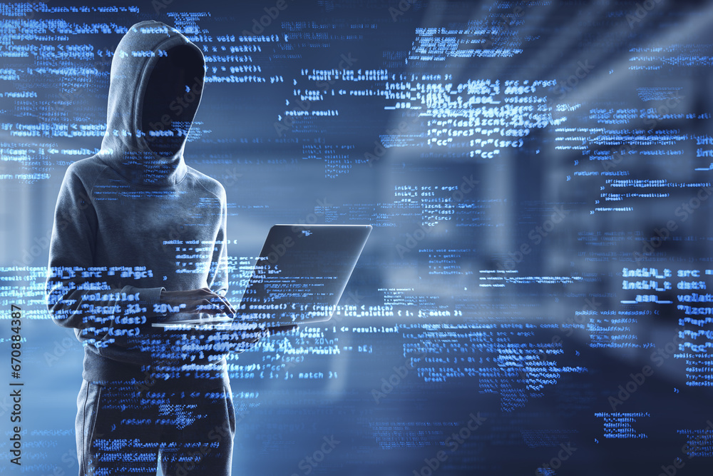 Poster Hacker using laptop with creative coding html language on blurry office interior background. Web developer, hacking, malware and programming concept. Double exposure.