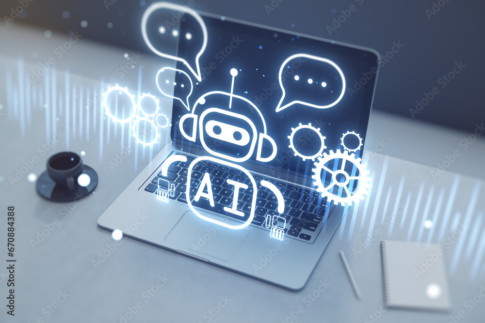 Poster close up of laptop on desk with coffee, supplies and creative glowing robot ai hologram on blurry ba