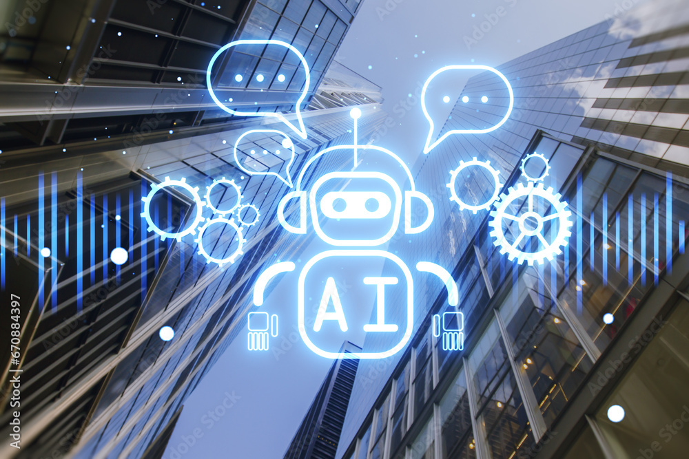Poster Creative glowing robot ai hologram on blurry city background . Automated machine learning, artificial intelligence and conversation assistant concept. Double exposure.