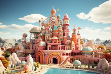 Toy brick amusement park, symbolizing fun and adventure in vibrant pastels, on isolated on pastel background, Generative AI