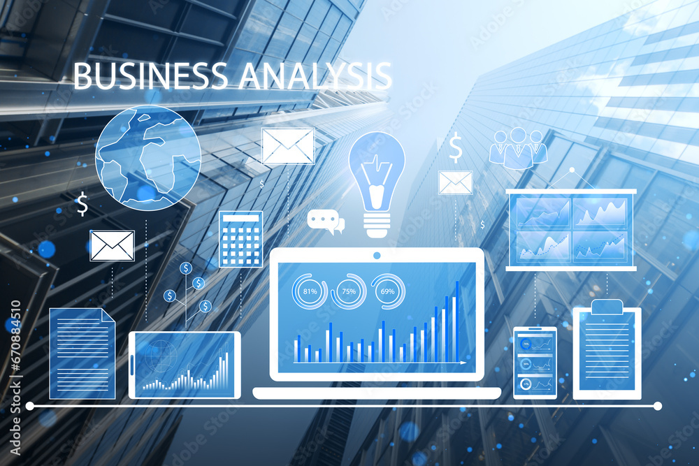 Poster creative financial data and accounting hologram with devices and charts on blurry city background. s