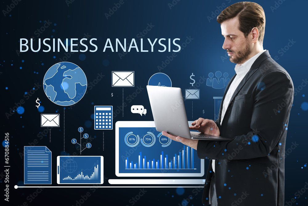 Poster attractive young european businessman using laptop with financial data and accounting hologram with 