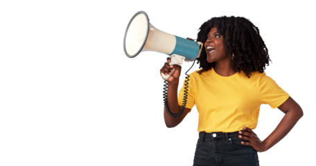 Megaphone, fashion and woman voice for news, broadcast or student sale isolated on transparent png background. African person, gen z or youth with announcement, call to action or clothes promotion
