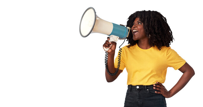Megaphone, fashion and woman voice for news, broadcast or student sale isolated on transparent png background. African person, gen z or youth with announcement, call to action or clothes promotion
