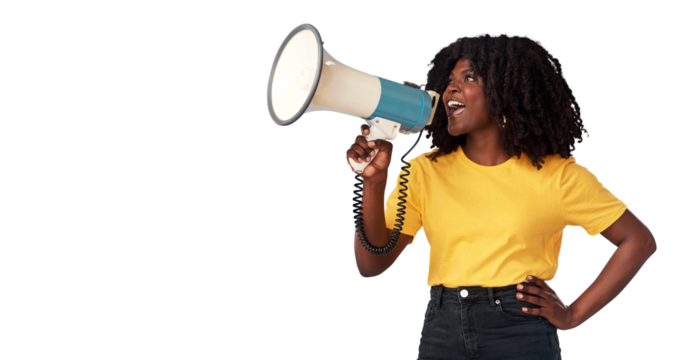 Megaphone, fashion and woman voice for news, broadcast or student sale isolated on transparent png background. African person, gen z or youth with announcement, call to action or clothes promotion