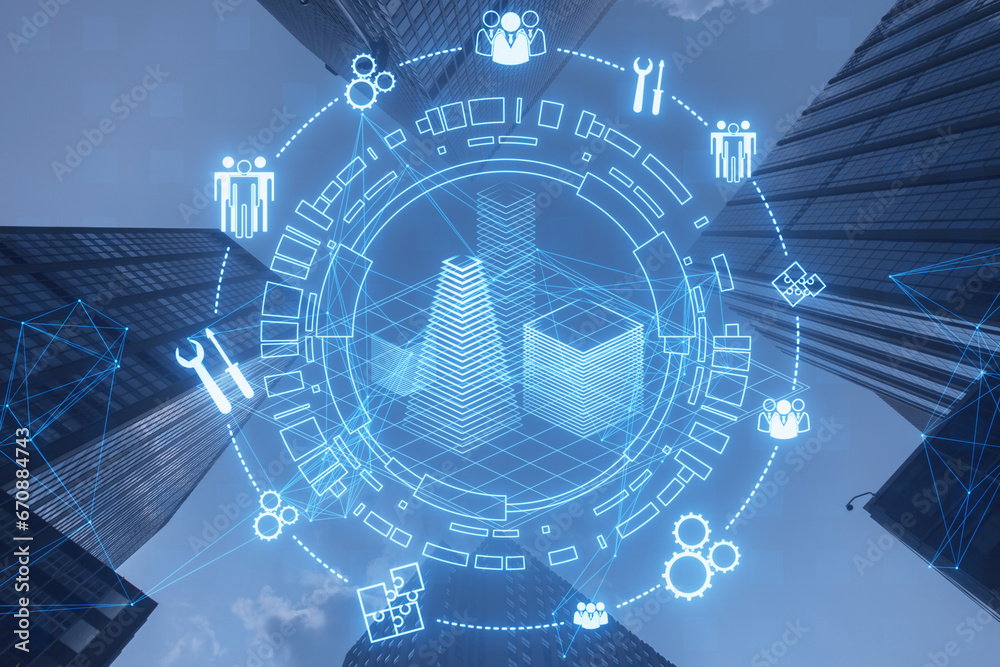 Poster Creative digital architectural project, round wireframe sketch with polygonal mesh and icons on blurry blue city background. Real estate, VR and model concept. Double exposure.