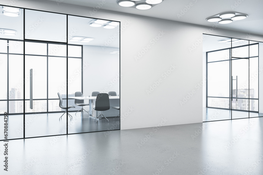 Poster contemporary gallery interior with empty place, windows with city view, reflections on concrete floo
