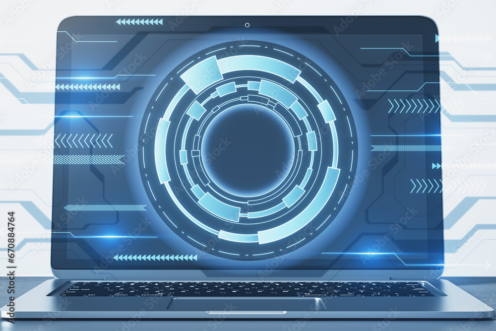 Poster close up of laptop computer with creative blue hi-tech hologram on light background. technology and 