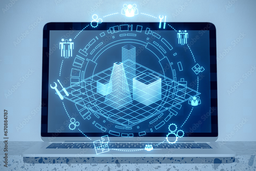 Poster close up of laptop computer with creative digital architectural project, round wireframe sketch with