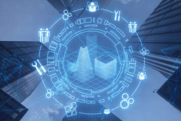 Creative digital architectural project, round wireframe sketch with polygonal mesh and icons on blurry blue city background. Real estate, VR and model concept. Double exposure.