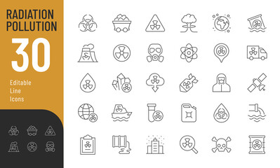 Radiation Pollution Line Editable Icons set. Vector illustration in thin line modern style of nuclear energy related icons: mining of coal and radioactive minerals, waste disposal, nuclear weapons.
