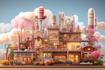 Toy brick factory, promoting creativity and manufacturing exploration in calming pastels, on isolated on pastel background, Generative AI