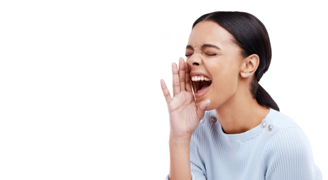 Screaming, announcement and face of woman screaming promo information on isolated, transparent and png background. Noise, news and female shouting, voice or opinion, message or coming soon deal