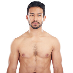 Fitness, portrait or topless man with wellness, six pack or strong chest isolated on png...