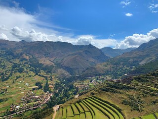 Peru Urubamba Sacred valley Incas terraced fields beautiful landscape.
