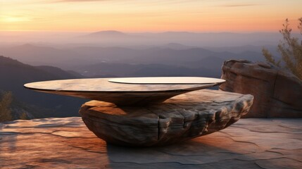 Outdoor rock table top with mountain views showcasing organic beauty at sunrise. Cosmetic product...