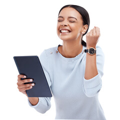 Tablet, winning or happy woman with success, goals or bonus isolated on transparent png background....