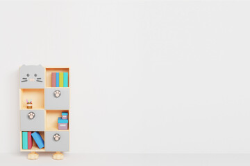 cabinet 3D rendering on grey wall background. made of teak wood for home decoration. apartment house interior concept