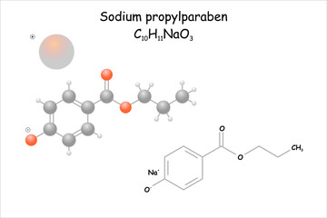 Sodium propylparaben. Stylized molecule model and structural formula. Use as preservative.