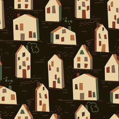 Seamless pattern with light houses smoke is coming out of the pipe. It can be used for fabric, wrapping paper, scrapbooking, textiles, posters, banners and other decoration. Houses on dark background