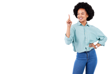 Hand pointing, smile and black woman with timeline, information or checklist on isolated, transparent or png background. About us ,presentation and happy African lady with news, feedback or review