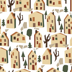 Seamless pattern with geometric light houses, smoke, trees, Christmas trees. It can be used for fabric, wrapping paper, scrapbooking, textiles, posters, banners and other decoration. Houses on white