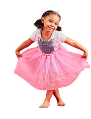 Dance, portrait and girl in princess dress, fantasy and performance isolated on transparent png...
