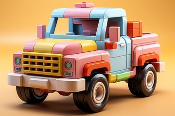 Toy brick vehicle, symbolizing transportation and adventure in gentle pastel tones, on isolated on pastel background, Generative AI