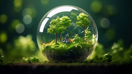 green planet and water save concept - green trees and water in glass ball with greenery around. Saving green environment and world environmental conservation concept