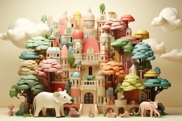 Toy brick zoo, inspiring wildlife education and imaginative play in gentle pastel tones, on isolated on pastel background, Generative AI 
