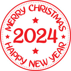 2024. Merry Christmas and Happy New Year. Vector Rubber Stamp.