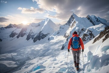 Adventurous Hiker Overlooking Snowy High Tatras Alpine Landscape in Slovakia ai image  - obrazy, fototapety, plakaty