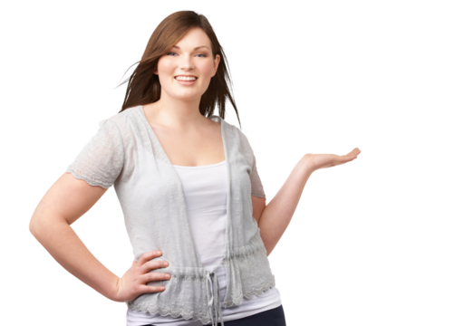 Woman, plus size and happy presenting with portrait of model with smile isolated on a transparent, png background. Promotion, sale and announcement of a female person showing offer and confidence