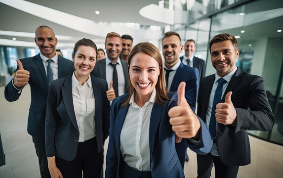Businessman thump up standing and smile, over big group of businesspeople background	