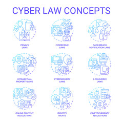 Collection of 2D gradient thin line icons representing cyber law, isolated vector, linear illustration.