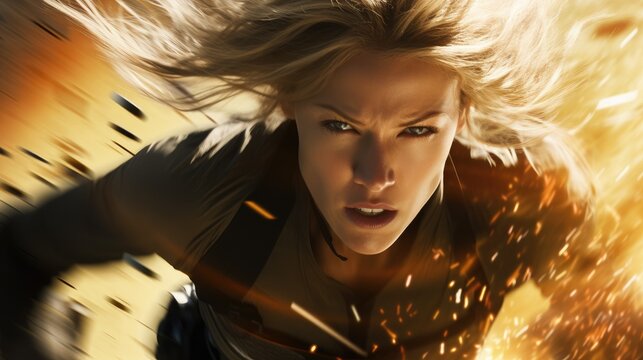action movie closeup of blond female, high speed, explosions