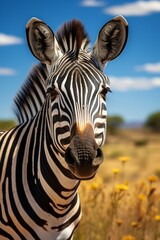 Fototapeta na wymiar A Majestic Zebra Amidst a Colourful Meadow. A close up of a zebra in a field of flowers
