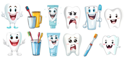 set of Dental Hygiene Sticker for Kids, transparent isolated Background, Clipart, Ornament, generated ai